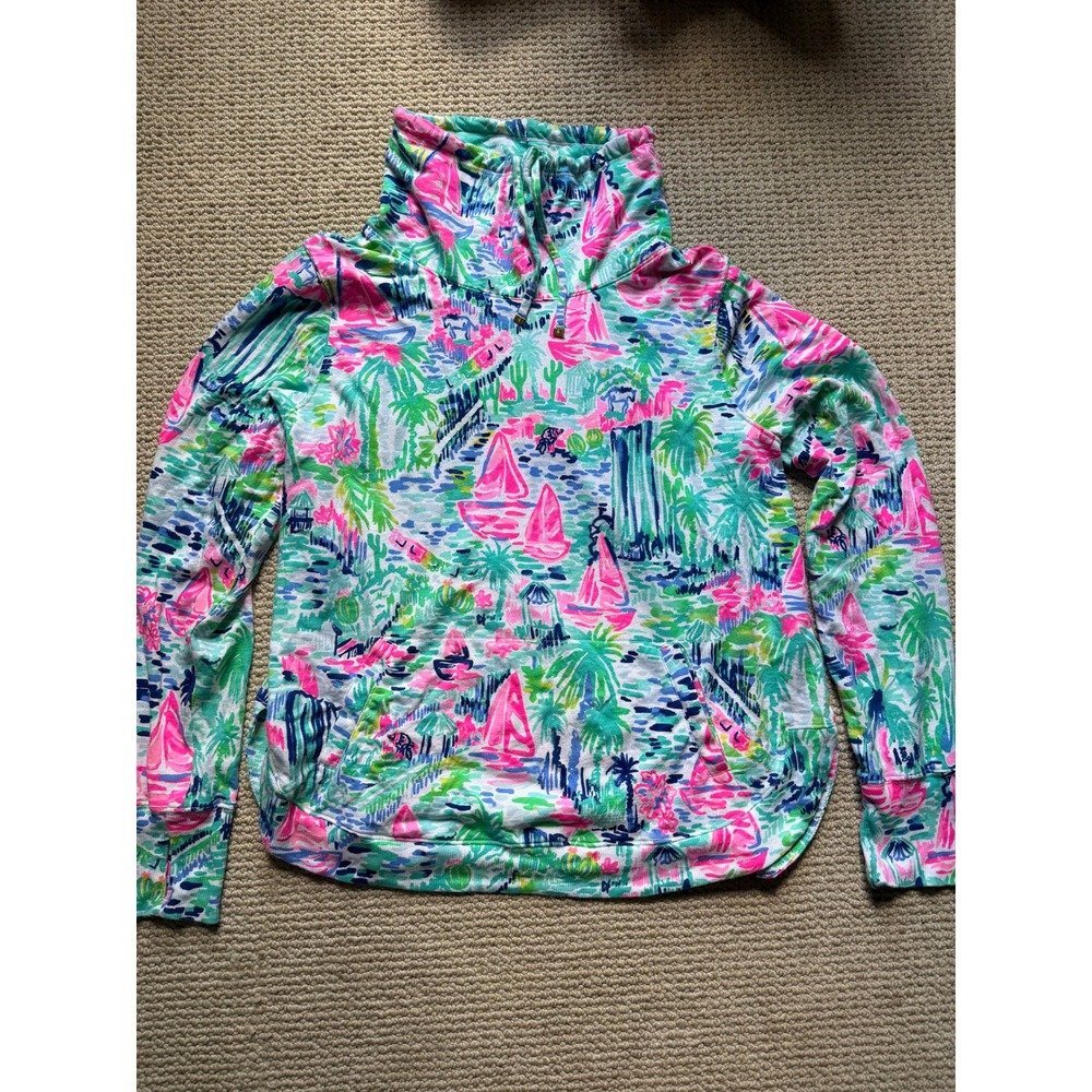 Lilly Pulitzer Etta V-Neck Pullover Sailboat Print Cowl Neck Sweatshirt XL
